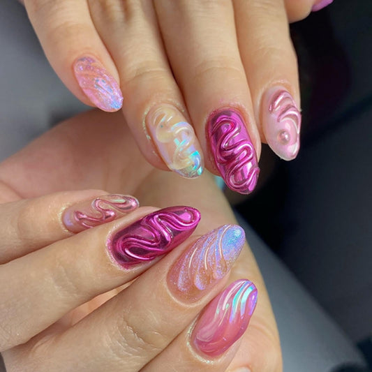 Hkanlre Almond Fake Nude Nails Tips Full Cover False Medium Nails Summer Flower Press on Nails for Women 24PCS