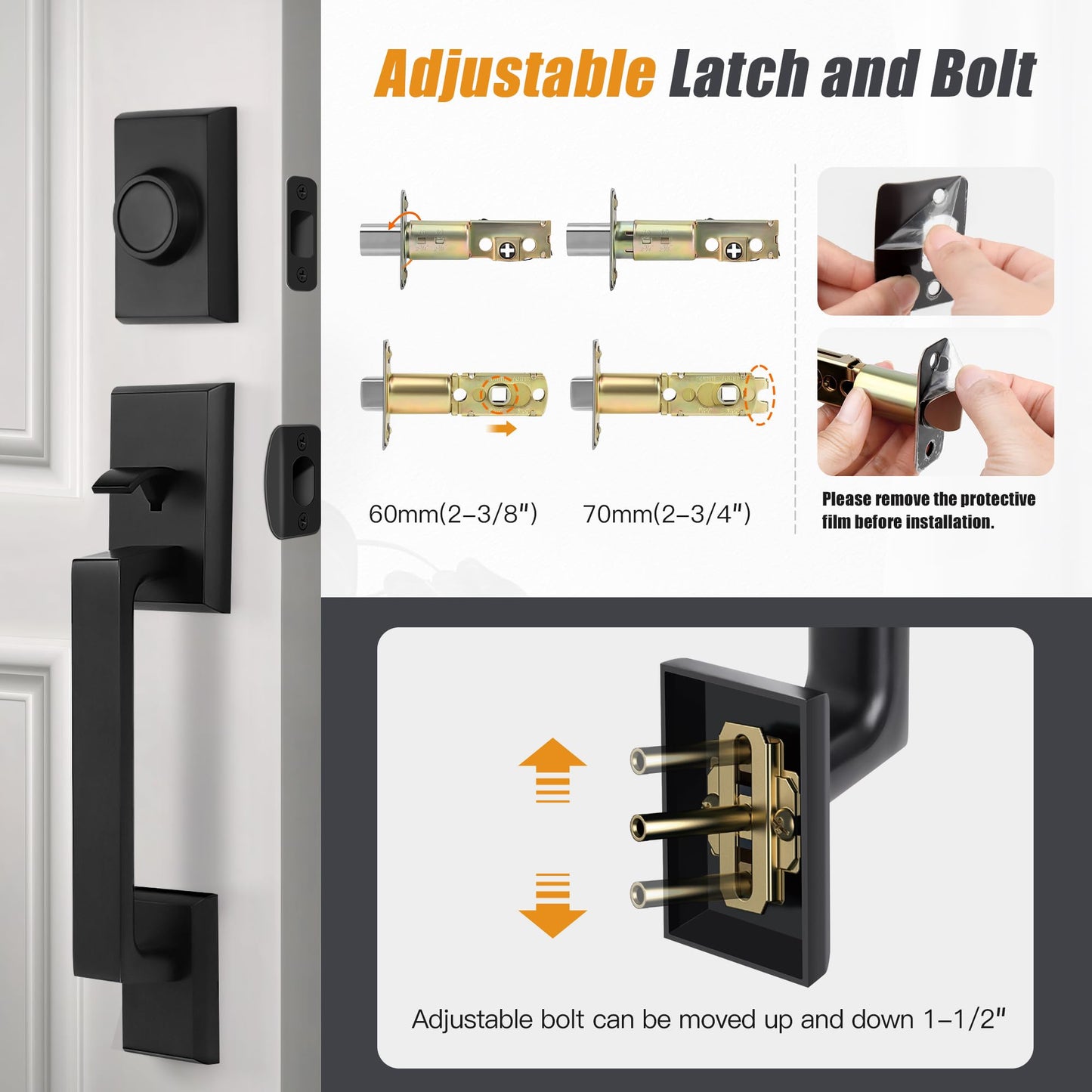 Gaurqiah Double Front Door Lock Set, Square Heavy Duty Double Door Handle with Dummy, Entry Handleset with Deadbolt Combo, Double Door Lock Set for Front or Office Doors, Matte Black