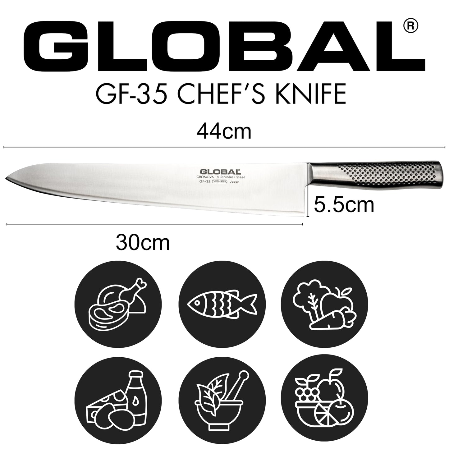 Global 12 inch Forged Heavyweight Chef's Knife - Japanese Stainless Steel, Razor-Sharp Edge, Made in Japan, GF-35