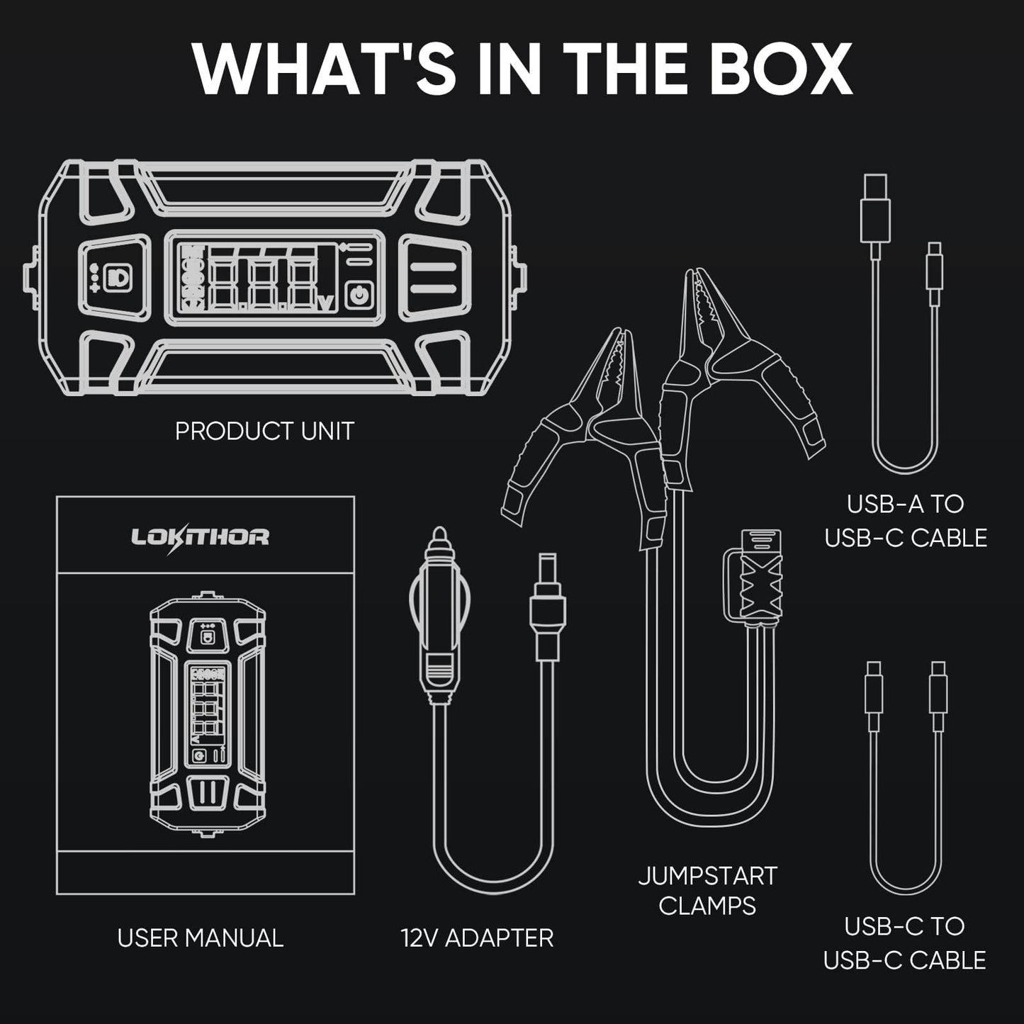 LOKITHOR J402 Jump Starter 3000A 12V 24000Amh Portable Lithium Car Battery Booster Pack for Upto 9.0L Gas and 7.0L Diesel Engines, Jump Box and Jumper Cables, 100W Fast Charging, Smart Digital Screen
