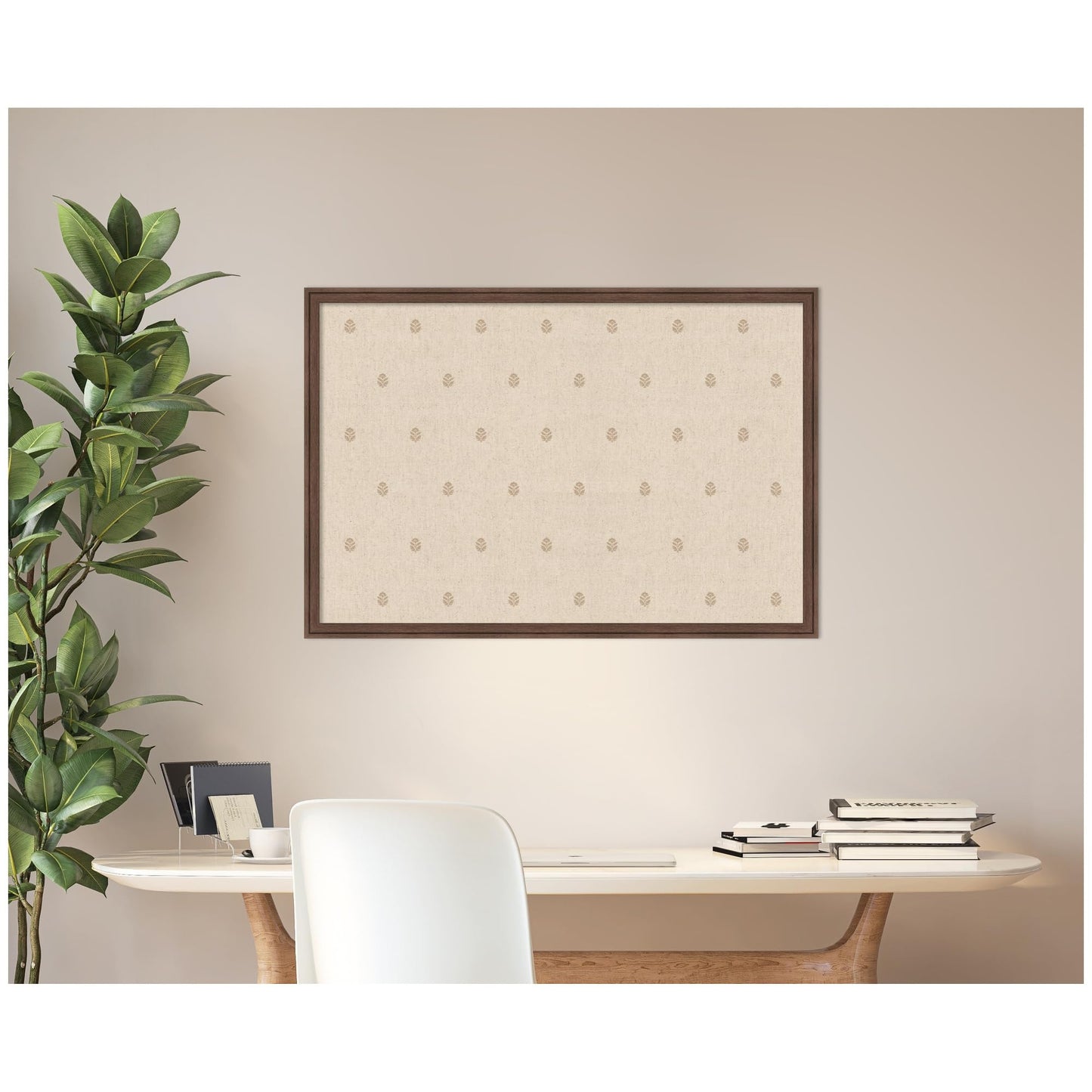 Kate and Laurel Framed Fabric Pinboard 38 x 26, Beige Botanical Block Print Printed Linen Classic Bulletin Board for Use as a Vision Board or Wall Organization, Florence Medium Brown Frame