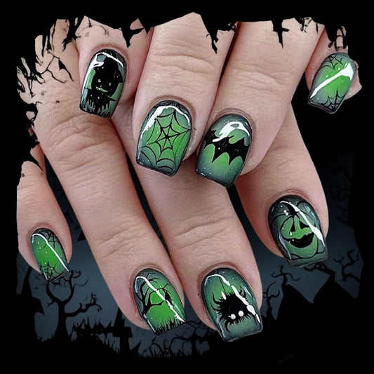 24pcs Halloween Short Press on Nails Horror Fake Nails Ghost Pumpkins Spider Web designs Square Stick on Nails Glossy Full Cover Green Black False Nails for Women Finger Spooky Nail Supplies