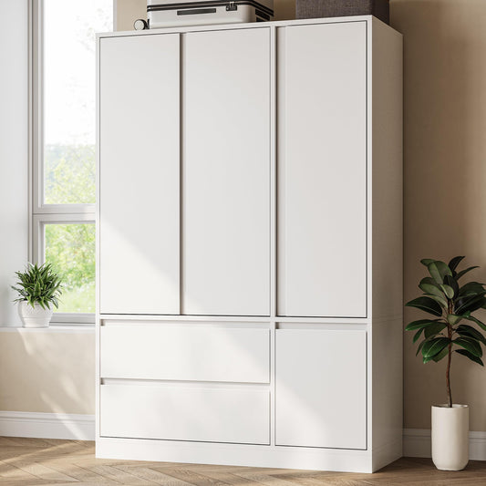 IRONCK 47.2" Armoire Wardrobe Closet with Drawers, White Armoire with Hanging Rods & DIY Adjustable Shelves, Modern Wardrobe with Soft-Close Hinges, Freestanding Closet for Bedroom