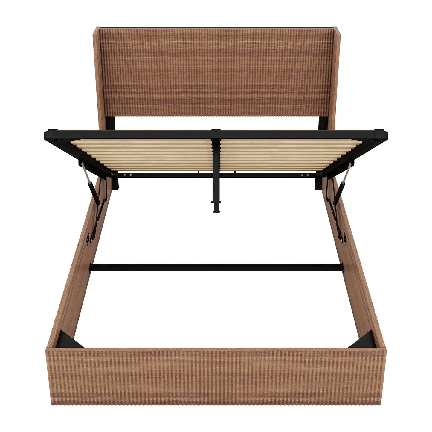 Lift Up Storage Bed Queen Size, Queen Bed Frame with Headboard and Lift Storage System, Wood Headboard with Wing-Back and Convex Groove Board Design
