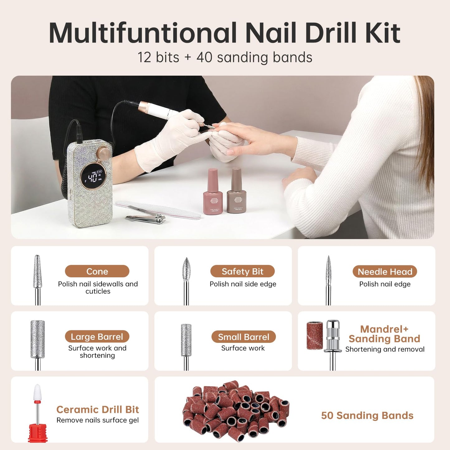 CHRISTINE SHELLY Rechargeable 40000RPM Nail Drill Sparkling Portable Professional Electric Nail File with 12 Drill Bits for Manicure Salon & Home, Glitter (AB Diamond)