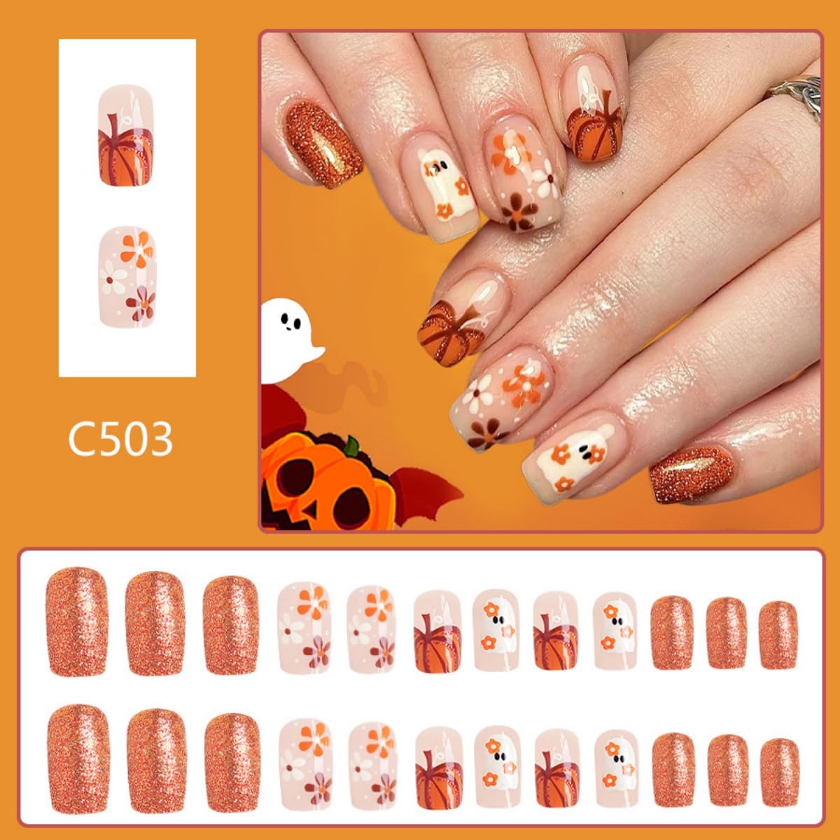 24Pcs Halloween Press on Nails Short Square Fake Nails Cute Ghost Nails Press Ons Pumpkin Orange Glitter Design Stick on Nails Artificial Full Cover Acrylic Glue on Nail for Women Girl Manicure