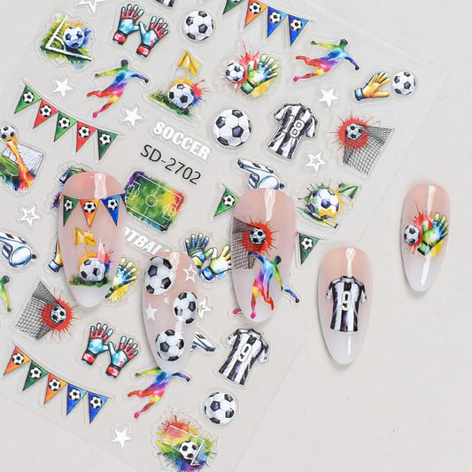 Soccer Nail Stickers World Cup Nail Art Stickers Football Nails Decals 5D Embossed Self Adhesive Colorful Nails Charms Supply for Women Manicure Decoration Accessories