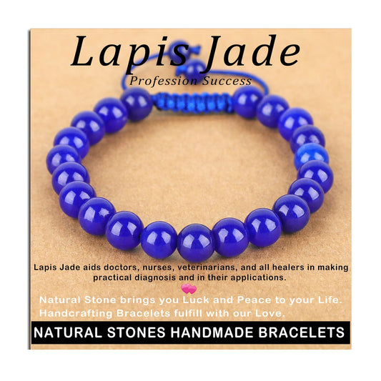 AD Beads 8mm Blue Lapis Jade - Profession Success - Handmade Natural Stone Crystal Bracelet with Adjustable Macrame String - Yoga Healing Power Energy Gifts for Men and Women
