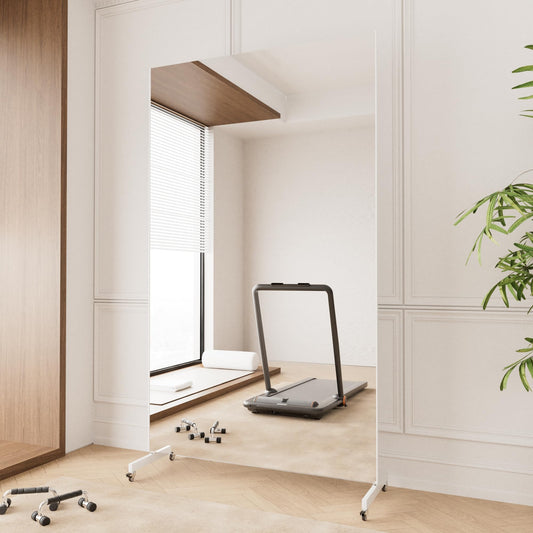 brisafe NanoMirror Non-Glass Ultra-Light 9.5 lbs Home Gym on Wheels, 67" x 40" Extra Large Full Body Mirror, Unbreakable & Shatterproof, 360° Swivel for Yoga, Dance, Fitness Studio & Home, White