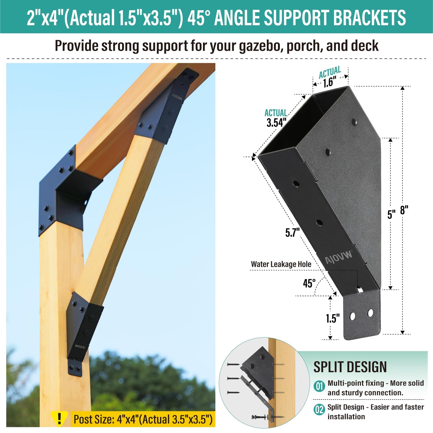 AJOVW-8 PCE 45 Degree Angle Support Bracket for 2‘’x4‘’ Supporting Wooden Posts (Actual Size: 1.5‘’x3.5‘’) for Gazebos, Garages, Decks, Stables, Sheds, Patio and DIY Basketball Frame Scenes
