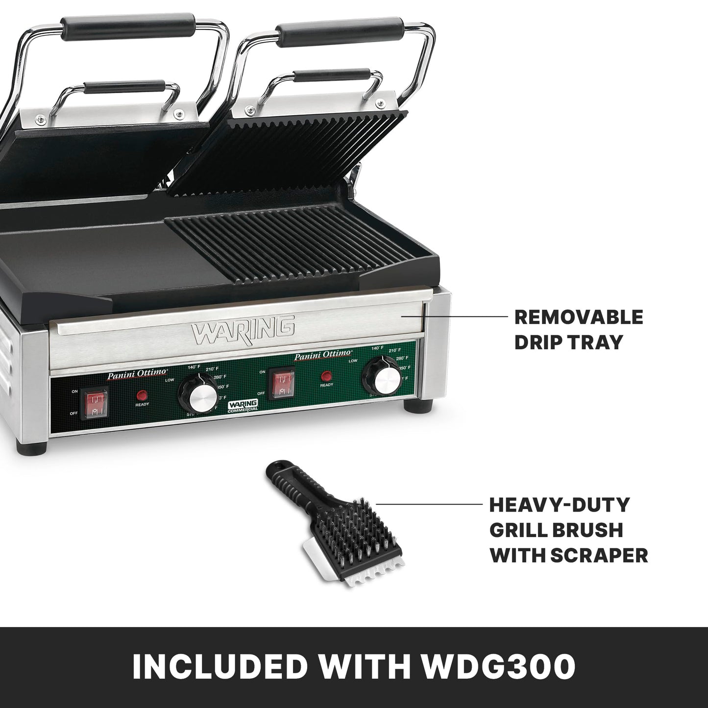 Waring Commercial Dual Grill Half Panini and Half Flat Grill 240V (17" x 9.25" cooking surface)