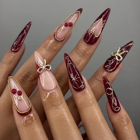 MERVF Press on Nails Long Stiletto, Wine Red French Tip Fake Nails Heart Glue ons Gold Bow Cherry Pearls Design Burgundy Acrylic Nail Glossy 24pcs