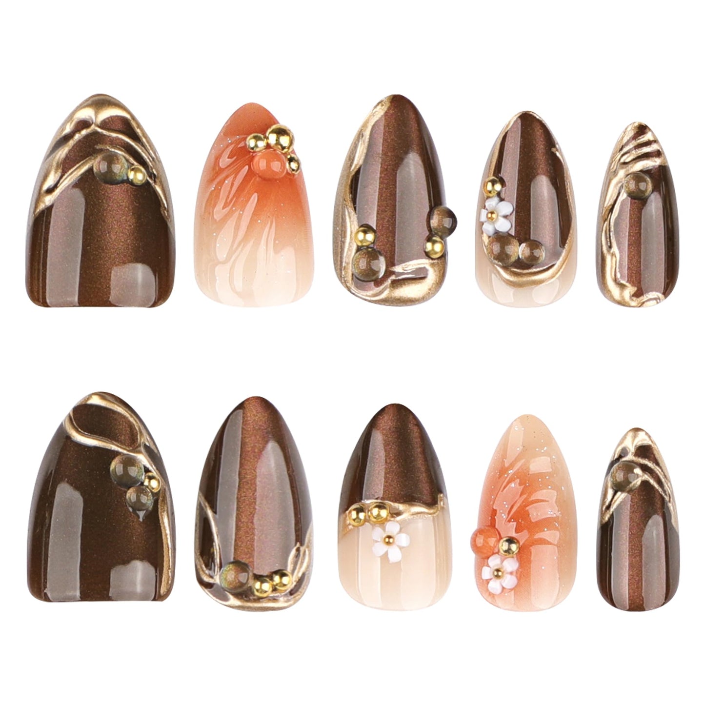 3D Brown Press On Nails, Almond Shape Glossy Fake Nails with Metallic Lines & Floral Design, Elegant On Nails for Women, 24 Pcs Nail Kit
