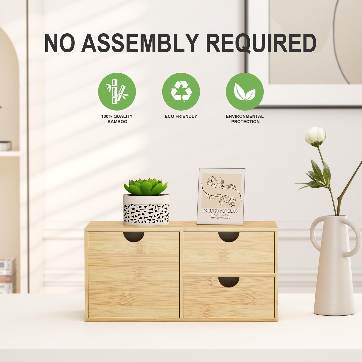 Wisuce Desk Organizer with Drawers - Bamboo Desktop Organizer Storage Natural Wood Desk Drawers Organizer for Bills, Office Supplies, Cosmetics, Seals No Assembly Required 3 Drawers（left-right)