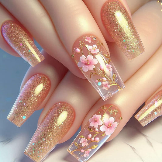 Flower 3D Press on Nails Medium Ballet Shaped Gold Glitter Powder Design Full Cover Glossy Floral Acrylic False Nail Glitter Artificial Fingernails DIY Blossom Press Ons Stick on Nails for Women 24Pcs