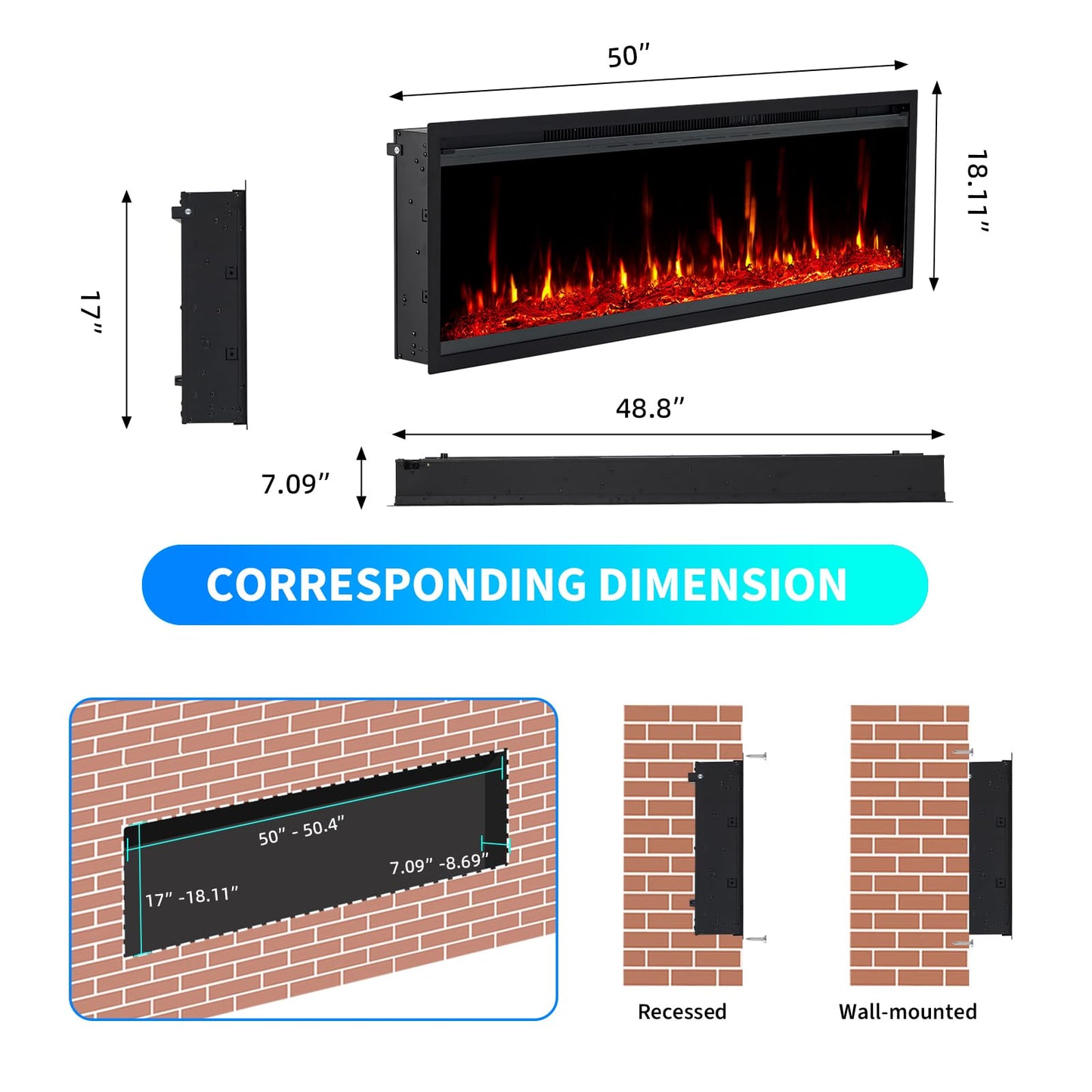 Garvee 50 in Electric Fireplace Inserts, 750/1500W Recessed and Wall Mounted Fireplace Heater with Remote Control, Adjustable Flame Color & Brightness, 9H Timer, Log & Crystal, Black