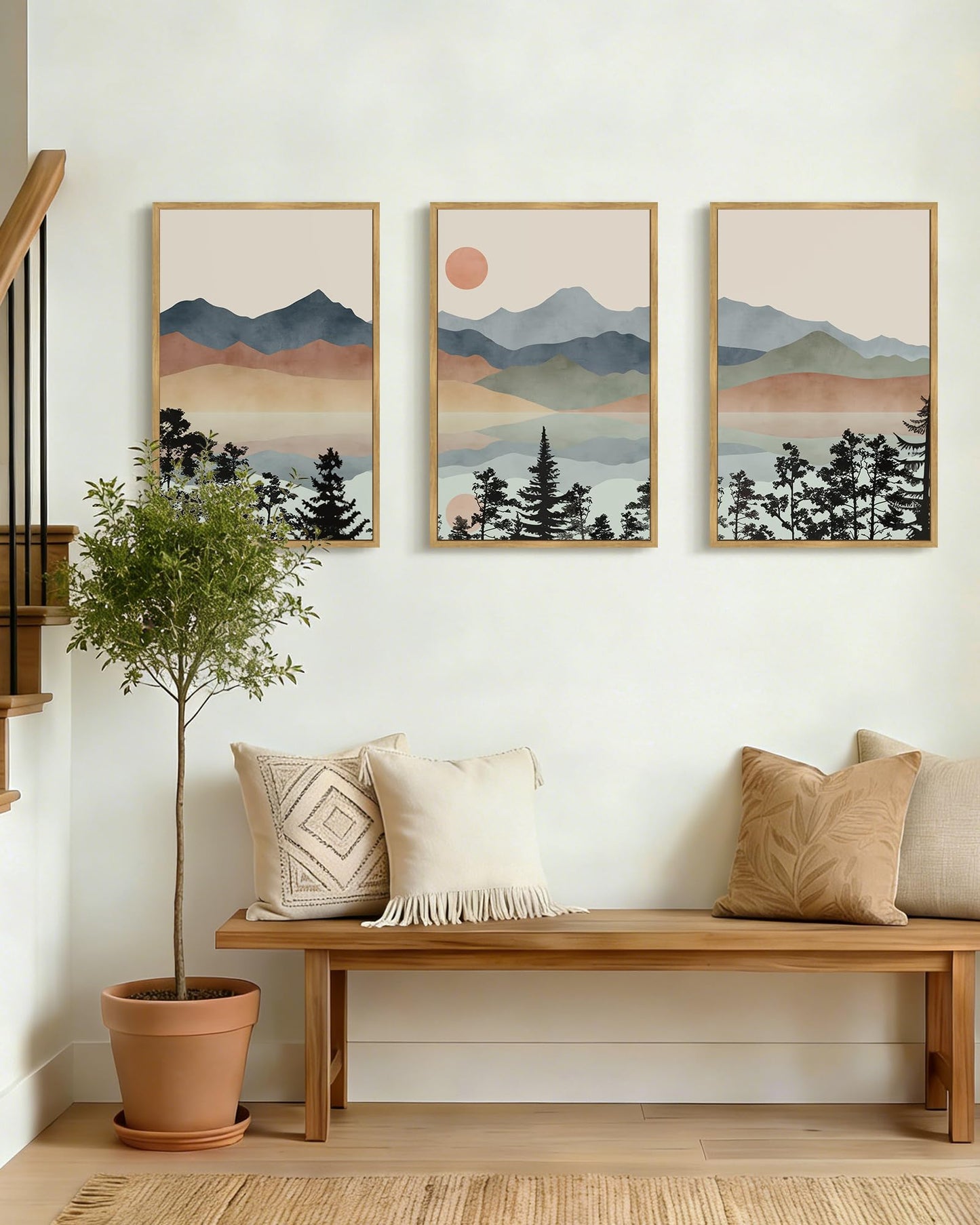 Drsoum Mountain Range Landscape Wall Art Framed Ink Wash Watercolor Nature Wall Decor Laker Sun Rises Prints Bedroom Living Room Ready to Hang 16x24in Natural Framed