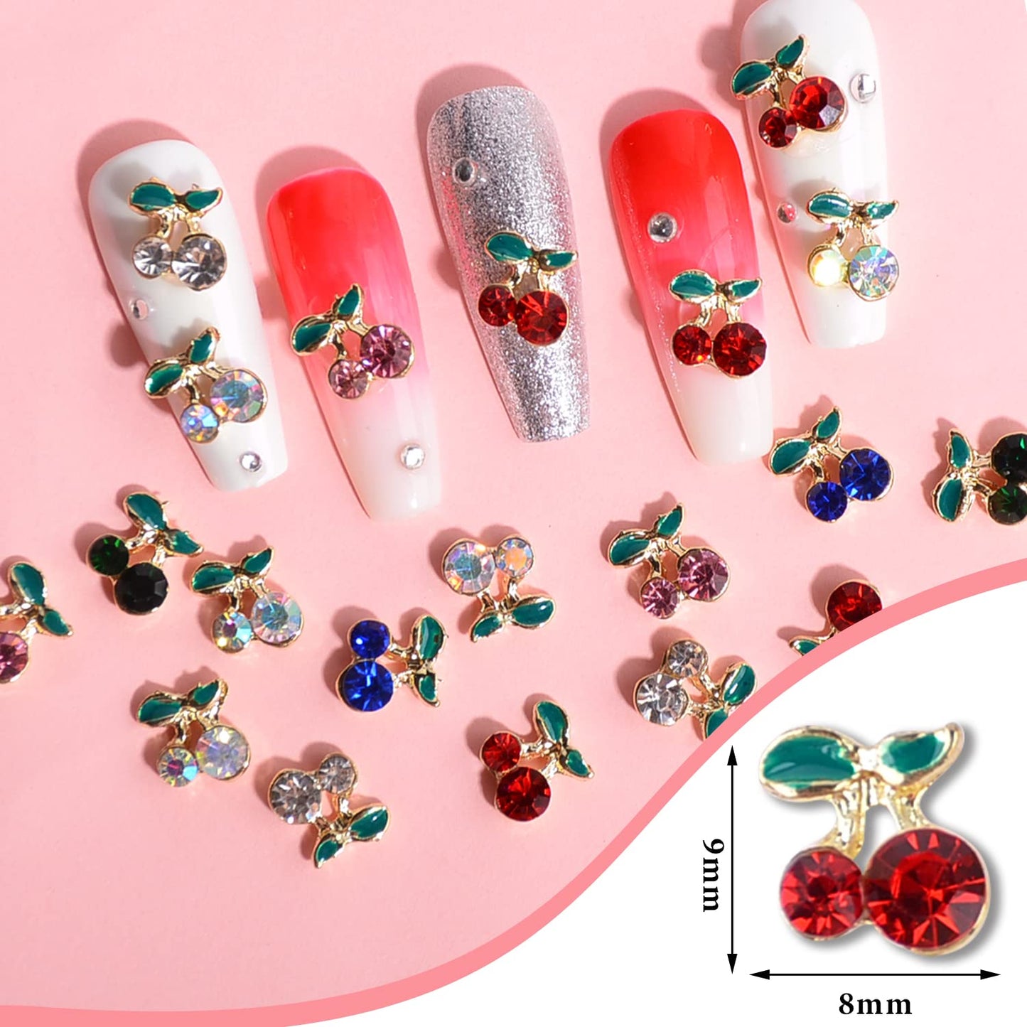 Nail Art Rhinestones Gold 3D Cherry Nail Charms, 60Pcs Cherry Crystal Diamond Fruit Charm for Nails Design Metal Alloy Rhinestone Jewelry DIY Crafts Supply(6 Colors,Cherrys)