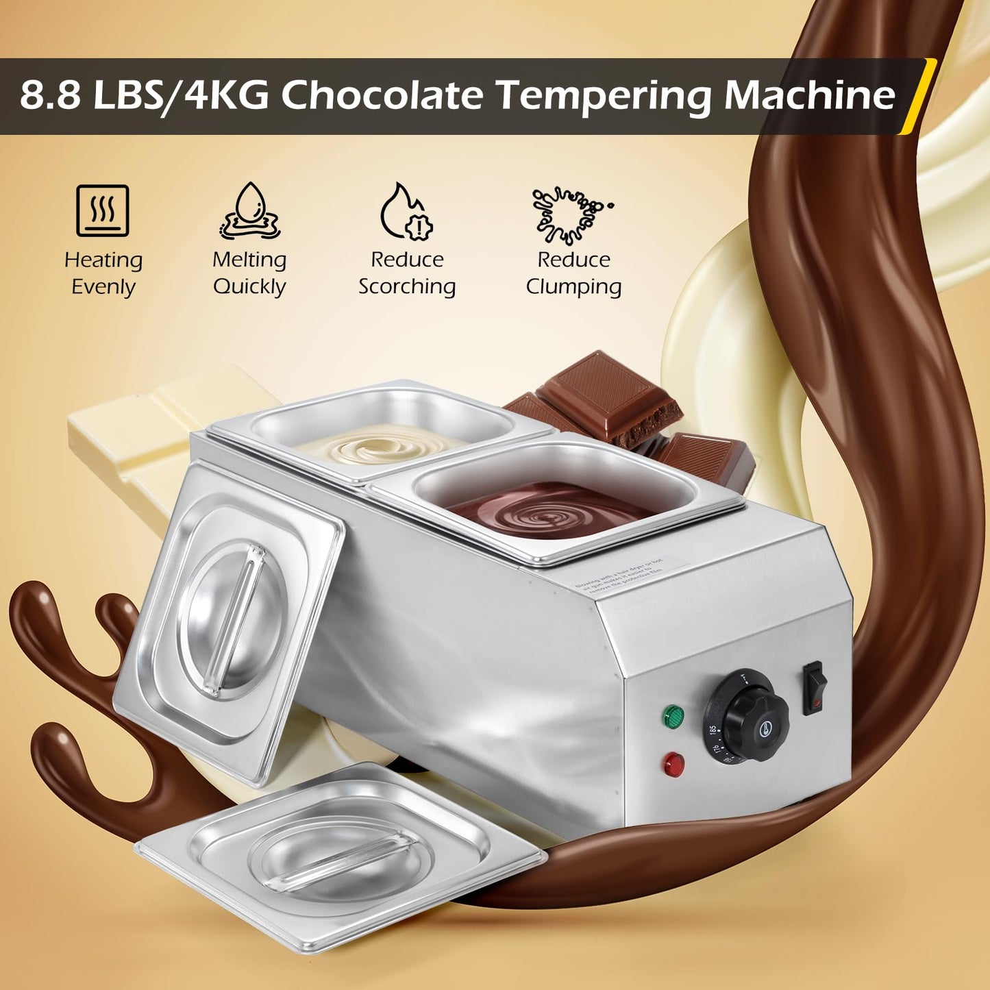 Dyna-Living Single Head Commercial Waffle Maker 1200W & 2-Tanks Commercial Chocolate Tempering Machine Chocolate Tempering Pot