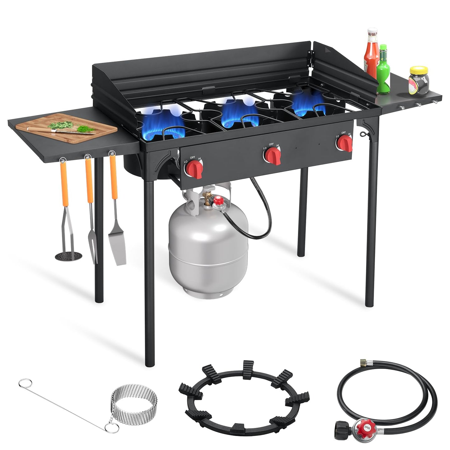 SKOK 3 Burners Portable Propane Stove with Wind Panel&Side Shelves, Camping Propane Stove, Outdoor Stove for Camping