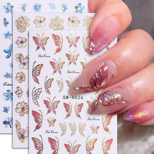 Spring Nail Art Stickers,Summer Flower Butterfly Nail Sticker Golden Edge Flower Petals Cherry Blossom Design, 3D Adhesive Sliders Manicure Decals Accessories for Women DIY Art Decorations