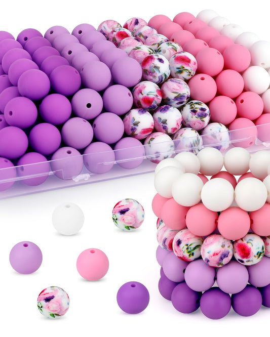 SALUOKE 100 Pcs 15mm Silicone Beads for Keychain Making, Purple White Silicone Beads Bulk Round for Bracelets Pens Crafts Jewelry Making (Purple White)