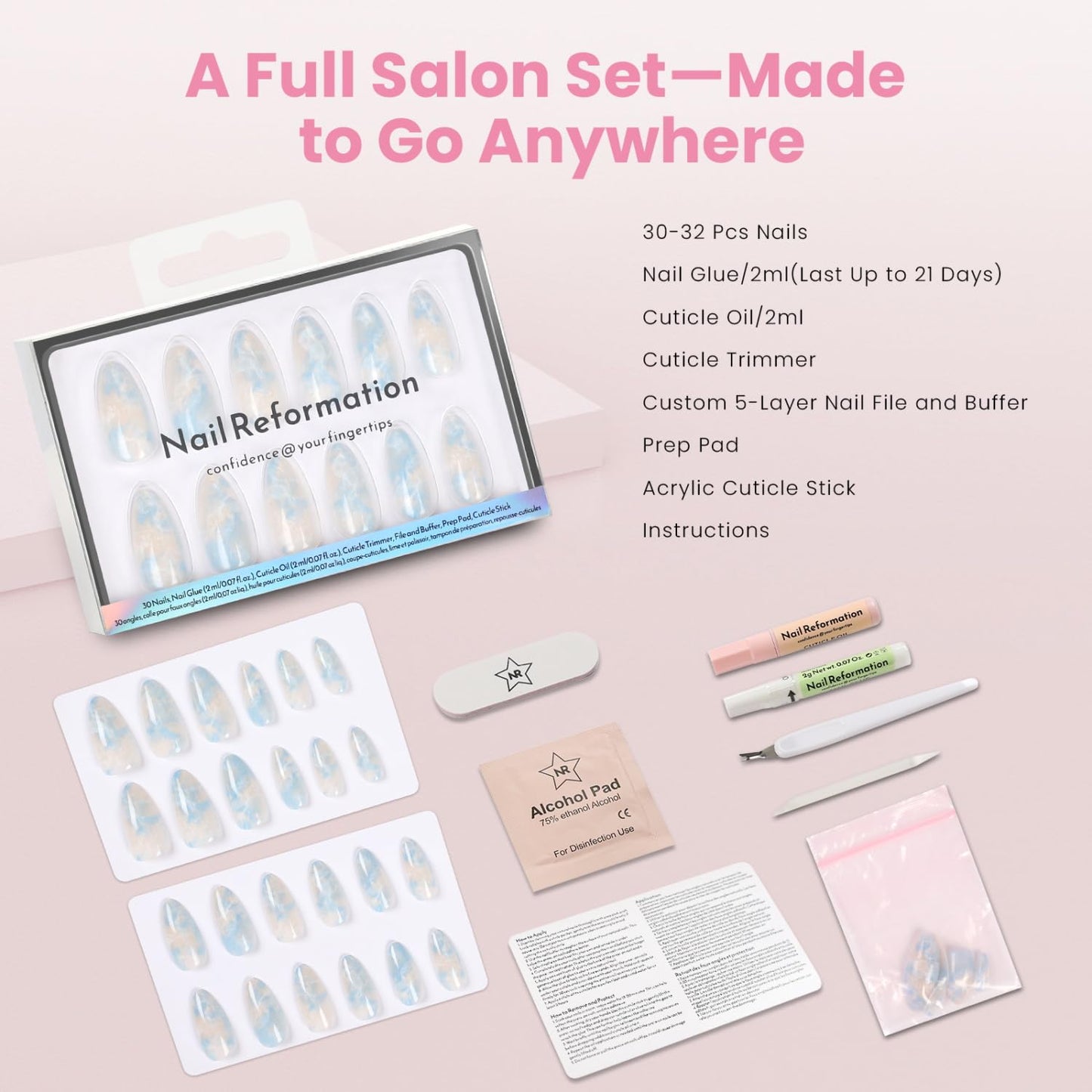 Nail Reformation Press On Nails, Marble Dream | Pastel Medium Almond Fake Nails in Blue Pink White with Glossy Finish, Reusable Stick On Nails in 15 Sizes - 30 Nail Kit with Glue, Gifts for Women