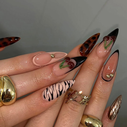 MISUD Press on Nails - Medium Almond Fake Nails with Cherry Tortoise, Acrylic Fall Brown Design 24 pcs