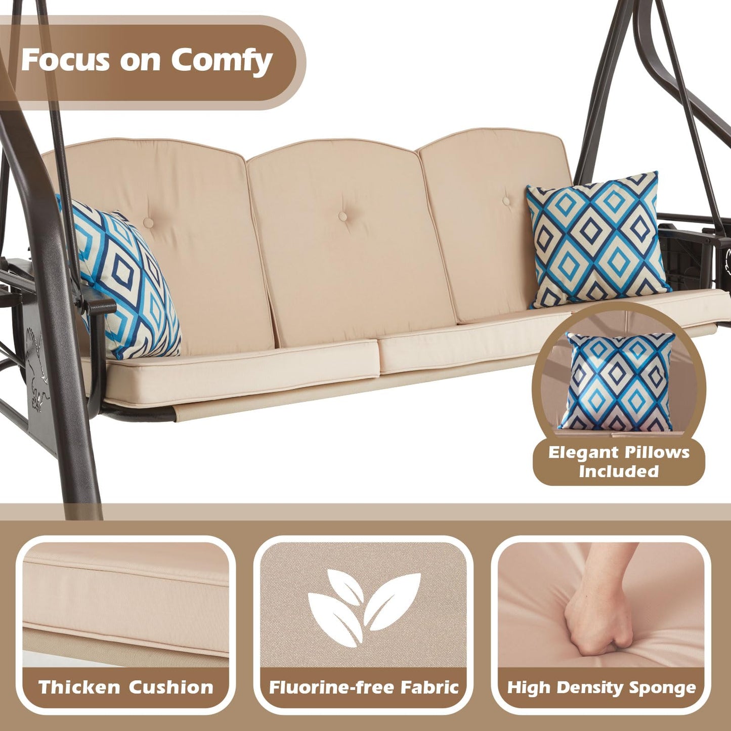 ZZW 3-Seat Outdoor Porch Swing with Stand, Patio Swing with Canopy, 2 in 1 Porch Swing Bed & Patio Swing Chair for Adult, w/Extra Pillows and Cup Holder for Yard