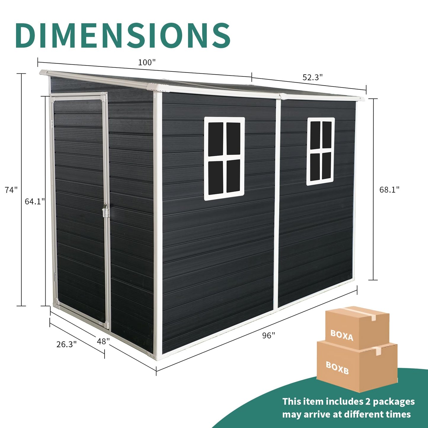 KEIKI 8x4FT Outdoor Resin Garden Shed with Floor and 2 Windows, Waterproof Plastic Tool Storage with Lockable Door for Garden Tools, Bicycles, Trash Cans, Black