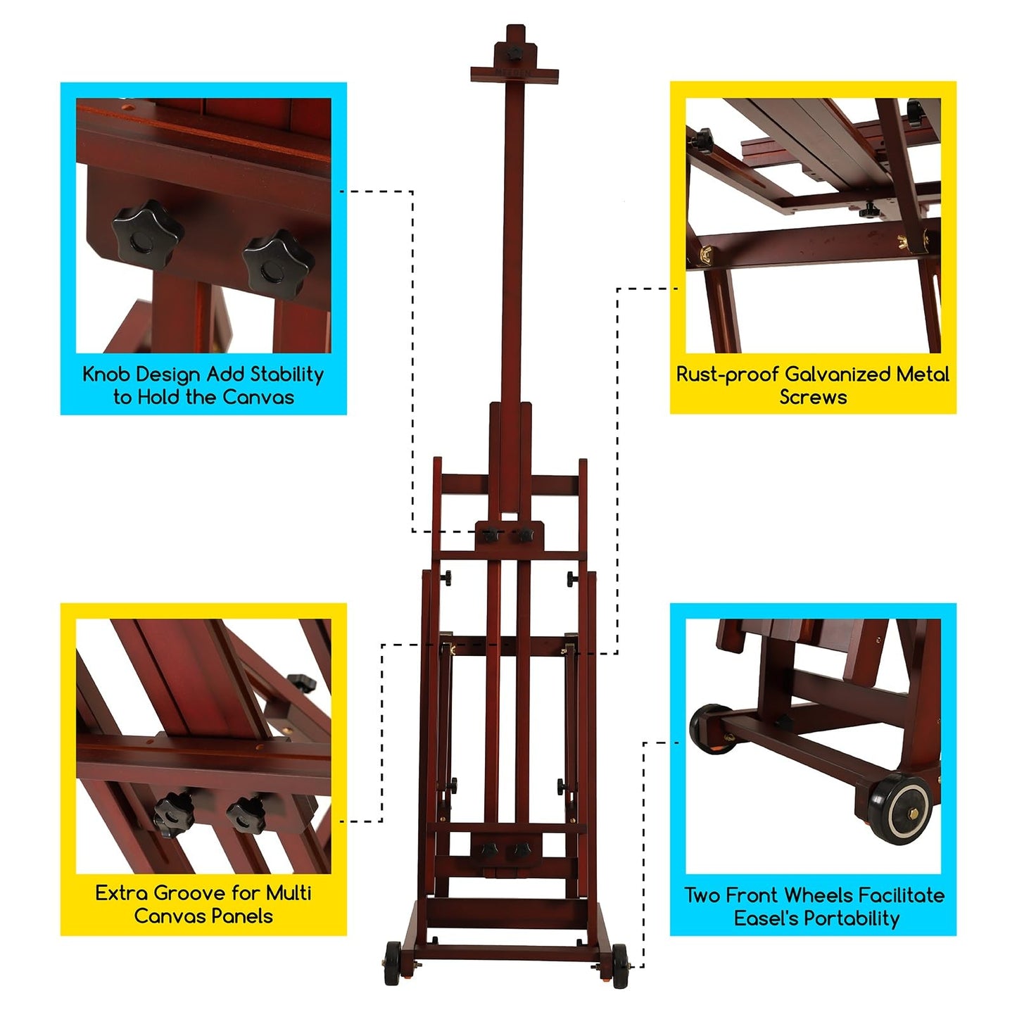 MEEDEN Multi-Function Studio Easel,H-Frame Easel,Painting Easel for Adults,Artist Easel,Floor Easel,Solid Beech Wooden Easels w/Front Wheels,Holds Canvas Art up to 77" - Walnut