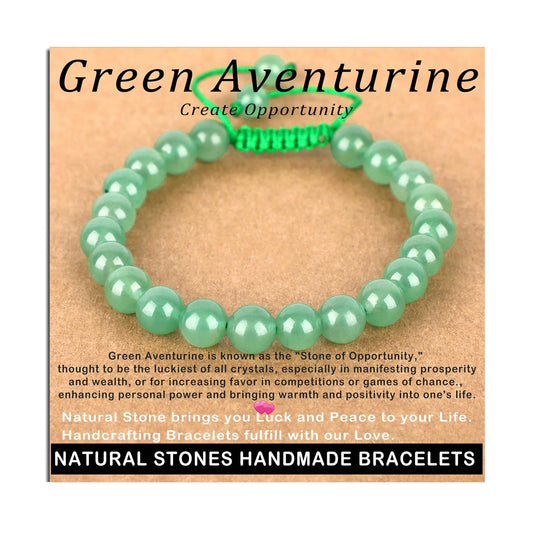 AD Beads 8mm Green Aventurine Bracelet - Stone of Create Opportunity - Handmade Natural Stone Crystal Bracelet with Adjustable Macrame String - Yoga Healing Power Energy Gifts for Men and Women