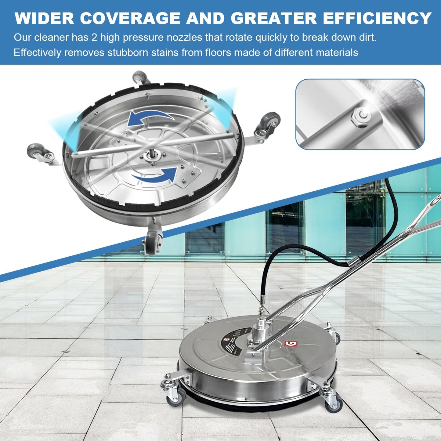 30'' Pressure Washer Surface Cleaner with 4 Wheels, 5200PSI Stainless Steel Dual Handle Surface Cleaner, Power Washer Surface Cleaner for Concrete, Driveways, Sidewalks,Patios,Decks Cleaning