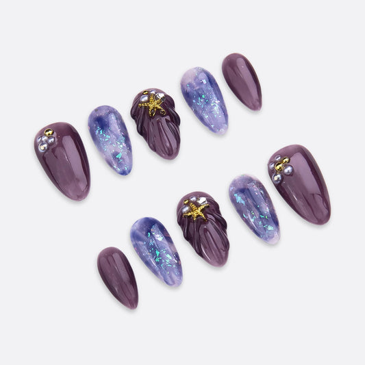 SIYOU Beauty | Ocean's Enchant | Purple Mermaid Short Almond Press On Nails for Women (Small) - Reusable, Salon-Quality Fake Nails (10pc)