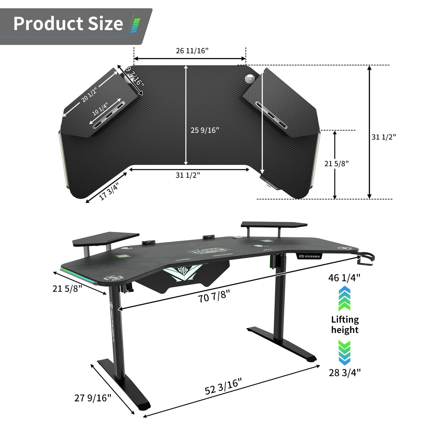 Klobel 72" Standing Gaming Desk with Dual Motor, Wing-Shaped Computer Desk with Full Coverage Mouse Pad, Electric Height Adjustable Standing Desk with RGB LED Lights and Slot Design Shelves