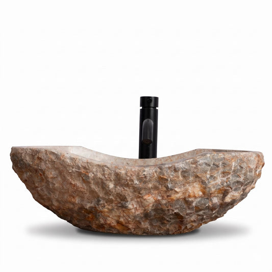 Golden Gray Marble Vessel Sink, Hand-Carved Canoe-Shaped Bathroom Sink in Solid Natural Marble, Beige with Gold & Gray Earth Tone Veins – Modern Rustic Countertop Sink