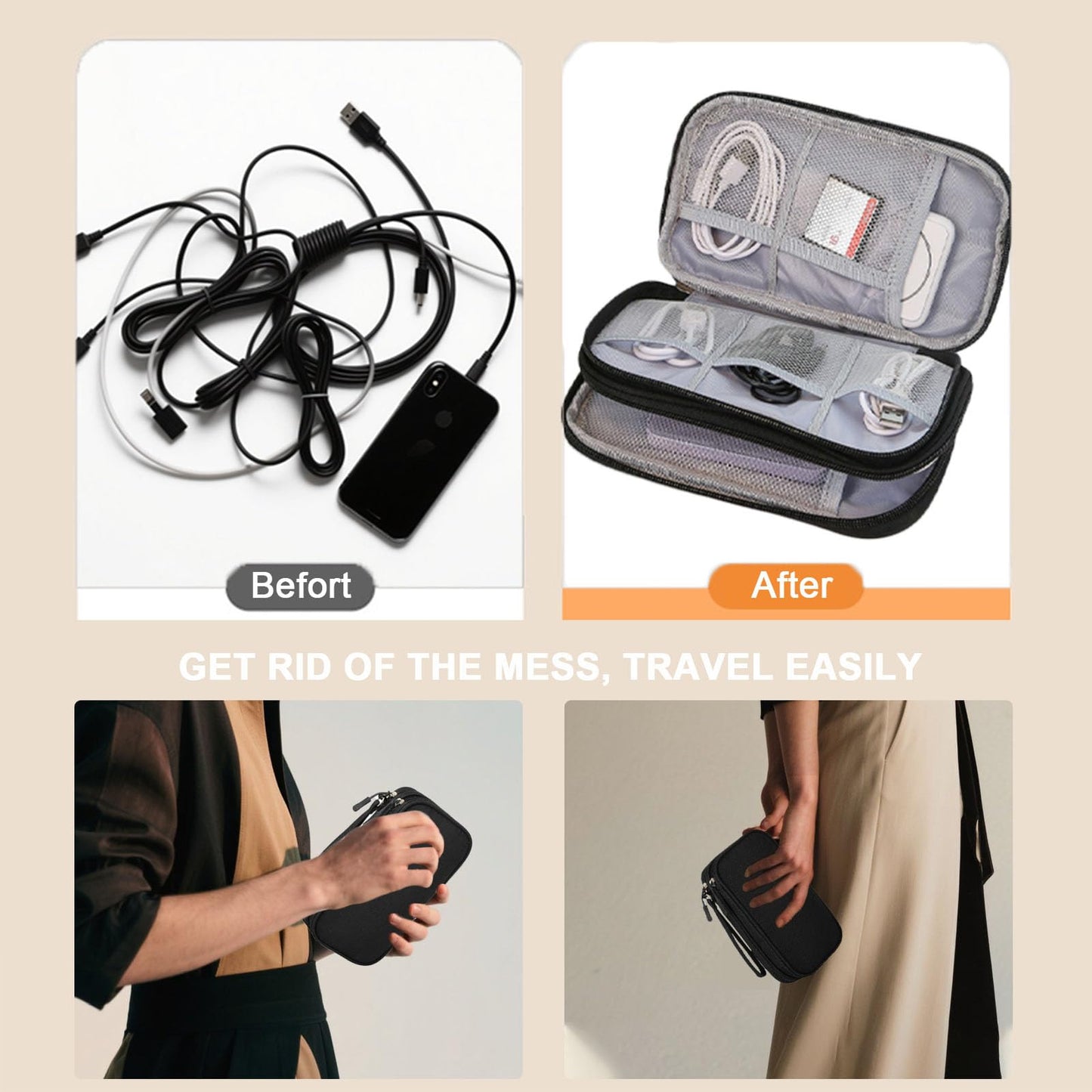 WersaYuu Electronics Organizer Travel Case for Women Men, Cable Organizer Bag Electronics Tech Accessories for Power Bank, SD Card, Cables, Phone