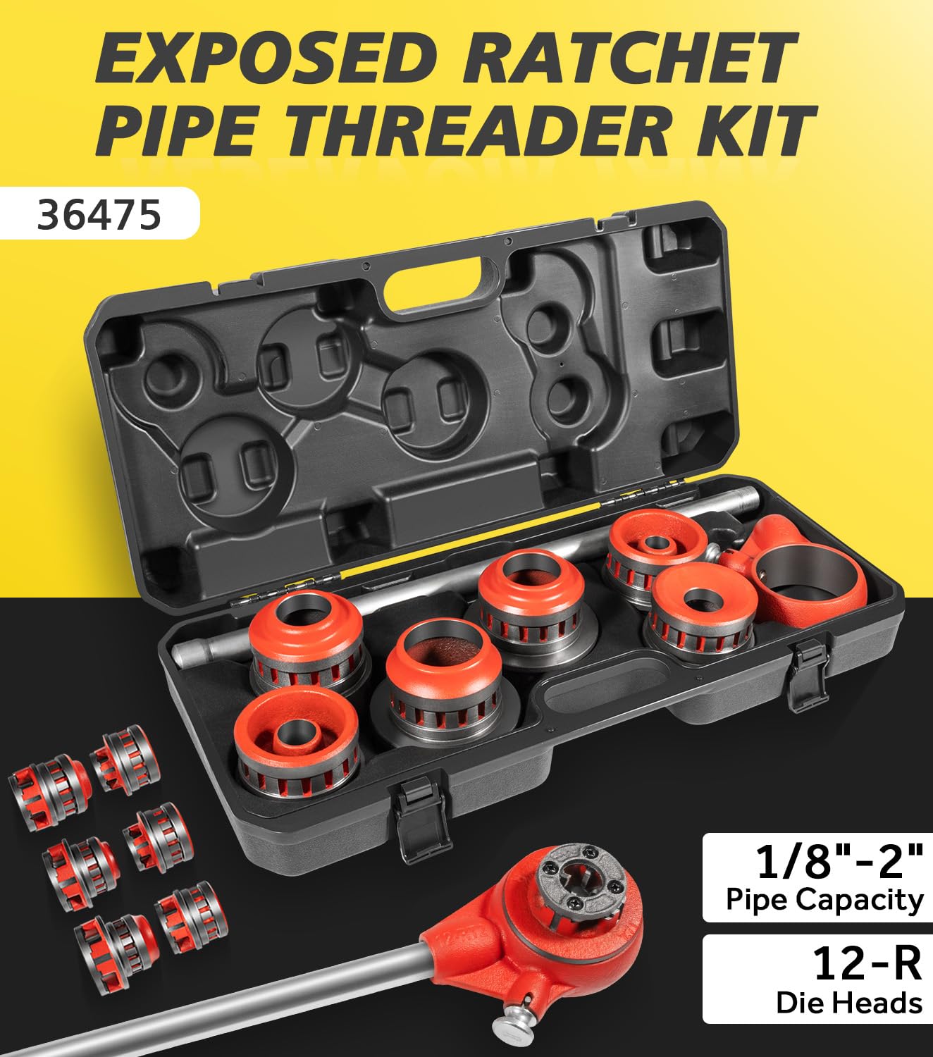 36475 12-R Manual Exposed Ratchet Pipe Threader Kit with 6 Dies, 1/2'' - 2'' NPT Ratcheting Pipe Threading Tool for 1/8" to 2" Plumbing Installation and Repair with Storage Case