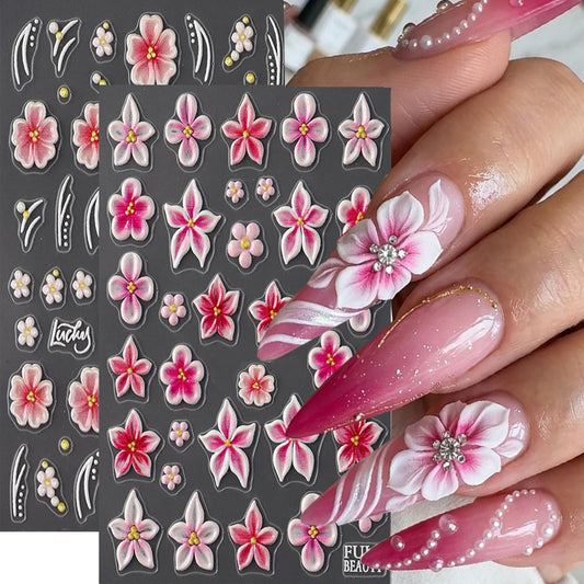 CJDLTS 2 Sheets 5D Flower Nail Art Stickers 5D Relief Self -Adhesive Cherry Blossoms Nail Decals Holographic Pink Cherry Blossoms Nails Stickers for Women Spring Acrylic Nails Decoration Supplies