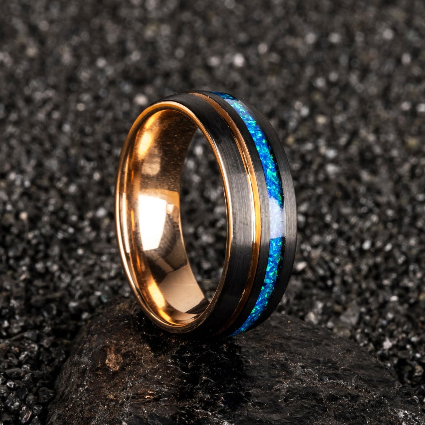 JEWPER 8mm Men Womens Wedding Band Tungsten Rings Black Blue rose gold Fashion Promise Carbide outer ring Inlaid Opal groove design Matte Finish Edge Comfort Fit Size(9)