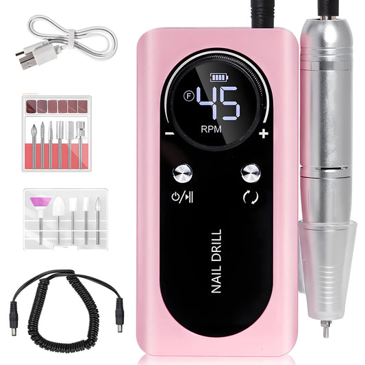 Electric 45000RPM Nail Drill Machine Rechargeable Portable Nail File Electric DIY Nail Drill Kit with Smart LCD Screen for Gel Nail Manicure and Pedicure Reflective Body etc(Pink)