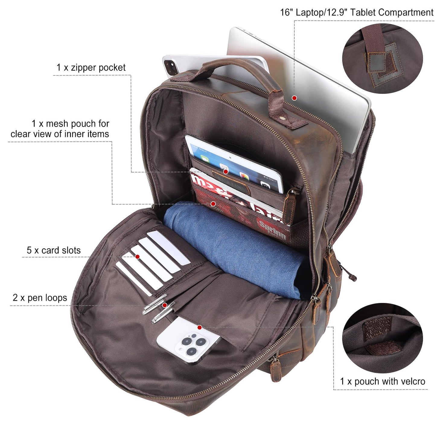 Masa Kawa Brown Leather Laptop Backpack for Men Fits 16” 15.6” Computer, Vintage Business Travel Work Large Daypack Weekender Bag Camping Rucksack