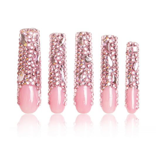 LOVFUL Press on Nails Pink French Tip Rhinestone | Handmade with Full Covered Crystals | Reusable Fake Nails | Square Long 2.2 in | H27-S