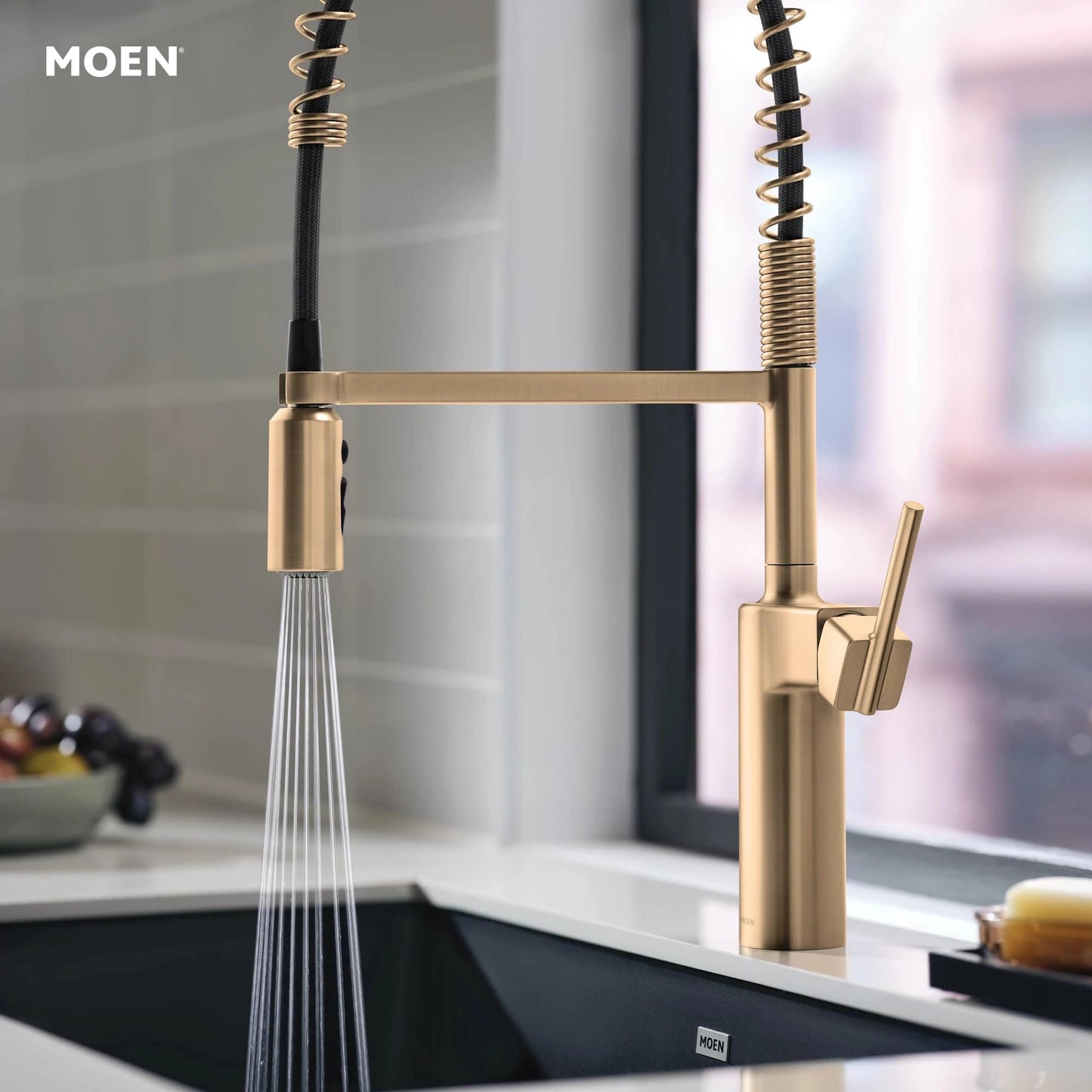 Moen Inara Bronzed Gold Spring Pulldown Kitchen Faucet with Pre-Rinse and Power Boost, Modern Kitchen Faucet, One-Handle Easy Installation, 87863BZG