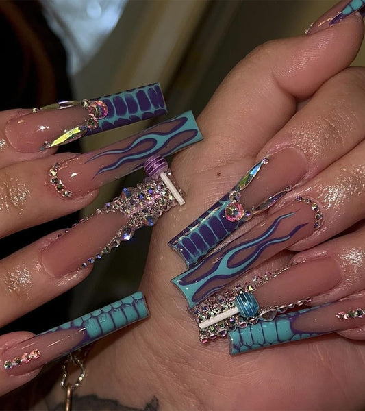 Press on Nails Extra Long - Aegenacess Square Press On Nails with 3D Rhinestones, Nude Blue Purple French Tips Y2K Fake Nails with Glue Sticker, Handmade 24 pcs Stick On Nails False Nail in 12 Sizes