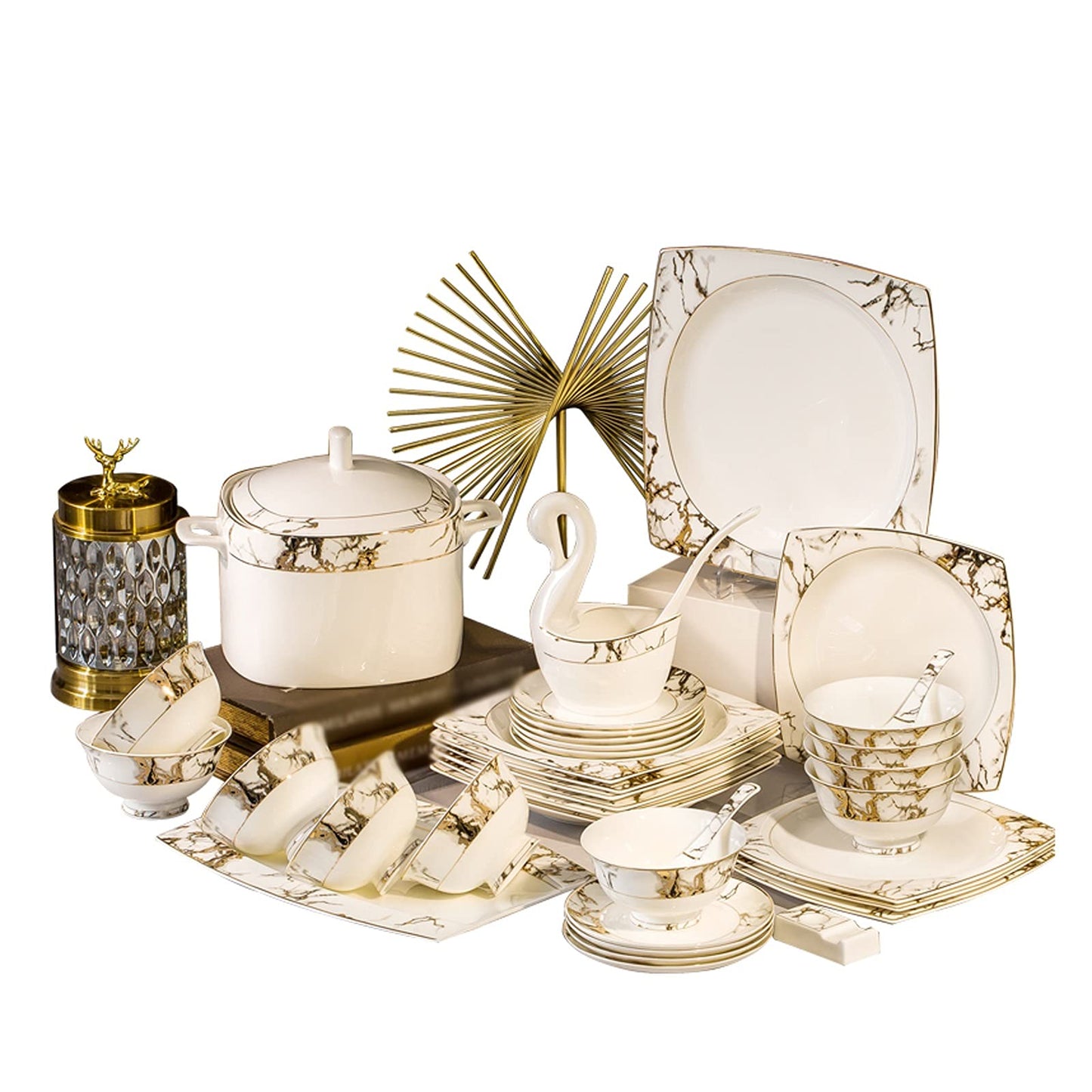 European/Greek Style 60-Piece Ceramic Dinnerware Set, Luxury High-End European Tableware Set, White, Marble Pattern, Dishwasher Safe
