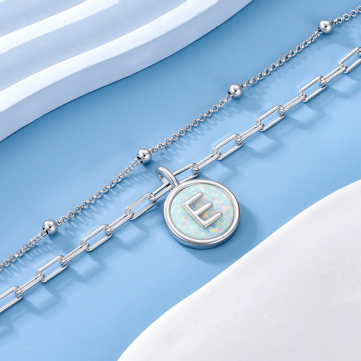 LWQQWL Initial E Bracelet for Women 925 Sterling Silver Layered Initial Bracelet Opal Letter 26 Alphabet Jewelry Christmas Gifts