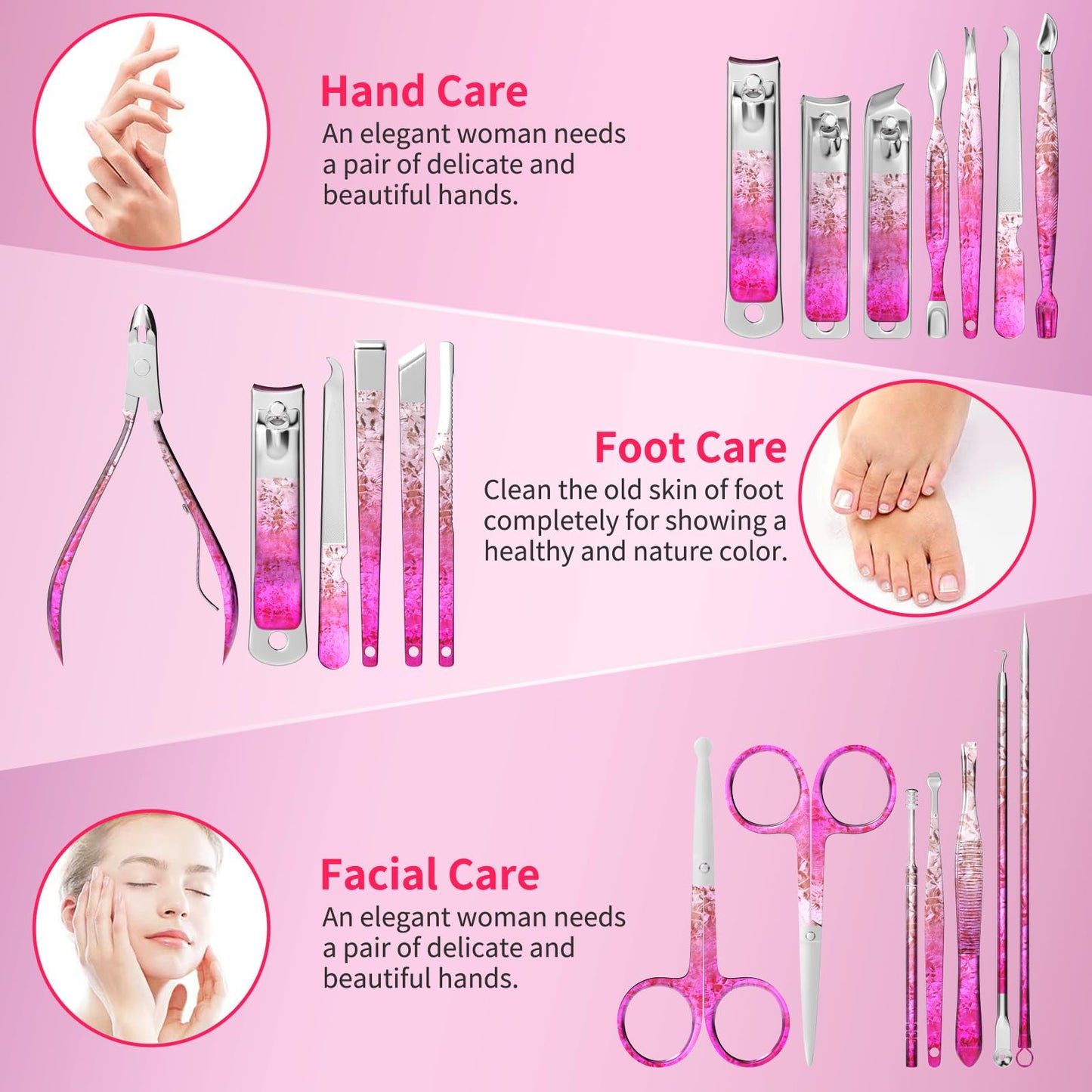 OFIDUS Nail Clippers Set Fingernail and Toenail Clipper Cutters, Professional Manicure Pedicure Kit 18Pcs, Nail Care Grooming Tools with Luxurious Travel Case (Diamond Rose)