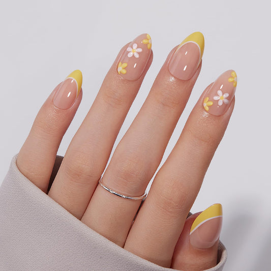 VSALON Press on Nails Short Almond - French Tip Lemon Yellow 3D Flower Design Fake Nails Kit, Floral Spring Summer Salon Gel Glue on Nails with Glue & Cuticle Oil - 32 PCS Stick on Nails in 16 Sizes