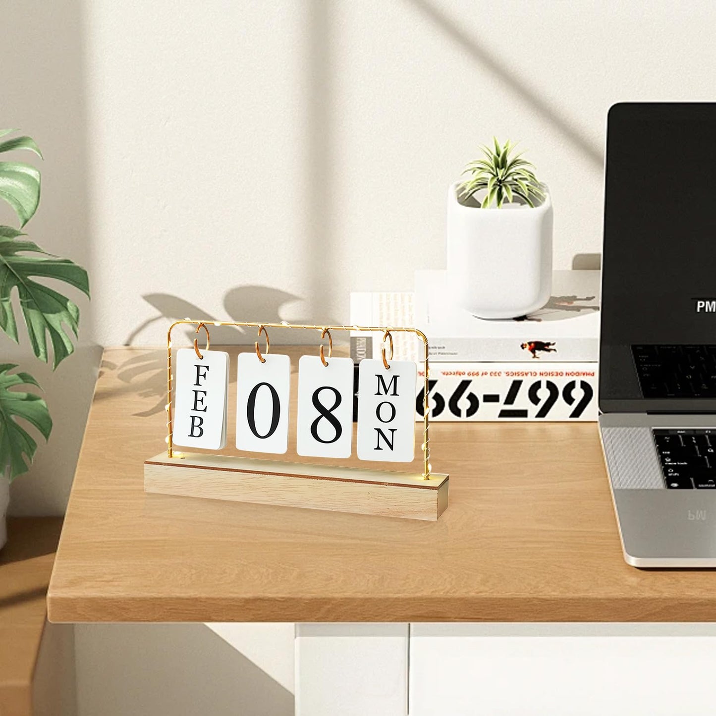 Flip Wooden Perpetual Calendar Gold Metal Stand with Paper Monthly Daily Calendar with Light For Daily Office Home Decor Reusable Office Accessory